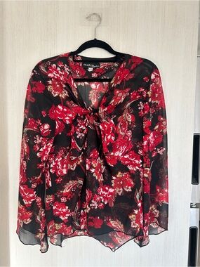 Vintage 90s Whimsigoth Sheer Mesh Floral Blouse Bell Sleeve M (9/10)